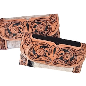 Long cowhide leather wallet with hand tooled floral design - large western wallet for women - vintage envelope clutch purse