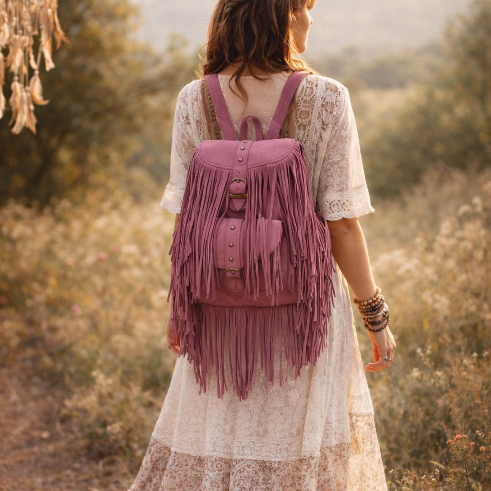 Black Suede Fringe Backpack, Boho Leather Rucksack, Western  display picture 1