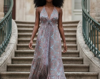 Silk Paisley Maxi Dress: Strappy Boho Beach Dress