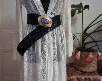 Braided Black Leather Belt: Western Silver Buckle, Boho  display picture 3