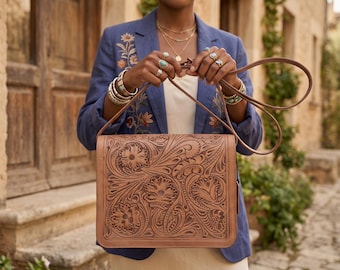 Tooled Leather Crossbody Bag with Floral Embossing – Handmade Western Boho Purse