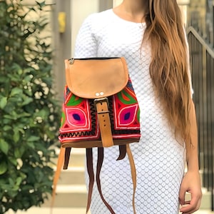 Embroidered Leather Mini Backpack: Tan Hippie Rucksack Purse