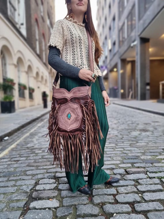 Extra Large Western FRINGE LEATHER BAG With Turquoise Stone