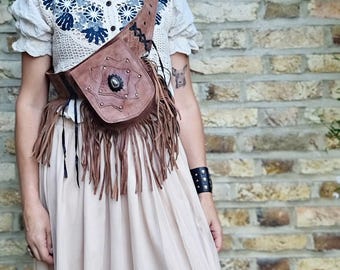 Leather Fringe Bum Bag: Labradorite Stone, Boho Festival Belt
