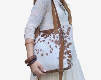 Large Leather Cowhide Crossbody Tote, Oversize Shoulder Bag, Women Western Purse, Southwestern Handbags
