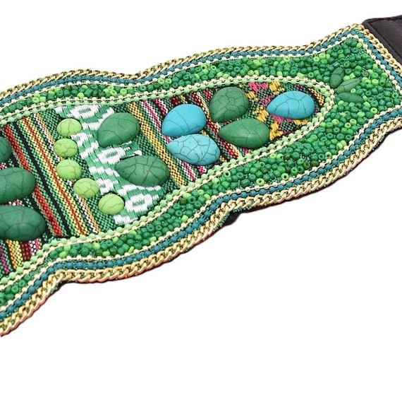 Beaded Stretch Waist Belt — Green & Multicolor idealway Bohemian Shell Women Belt Wide Stretch Elastic  main image 3