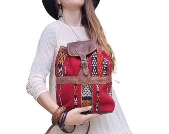 Kilim Style Southwestern Woven Backpack Sling Bag with Tan Leather Trim Mexican Tan Leather Woven Kilim Backpack / Ethnic / Ikat  main image 4