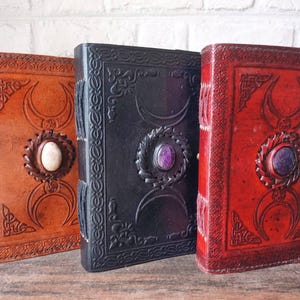 Triple moon leather diary with stone, handmade leather journal crystal, women&#39;s travel notebook, office sketchbook for her, book of shadows