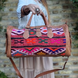 Vintage leather duffle bag for women - moroccan kilim bag - large weekender bag boho - carpet travel bag  - leather luggage for her