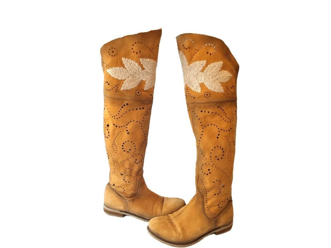 Embroidered Over-the-Knee Leather Boots: Boho Hippie Festival Style (EU 37 / UK 4 / US 6), photo 4 sur 5