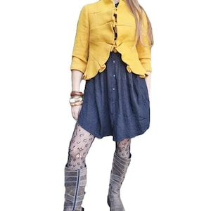 Handmade Mustard Yellow Crop Jacket: Boho Cotton Blazer, Ruffle Trim