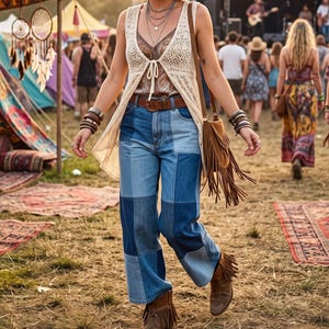 Op de afbeelding: Een crèmekleurig gehaakt vest gedragen over een bruine camisole met paisley-motief, gecombineerd met een blauwe patchwork spijkerbroek, een bruine leren riem, bruine suède enkellaarsjes met franjes en een bruine suède schoudertas met franjes.