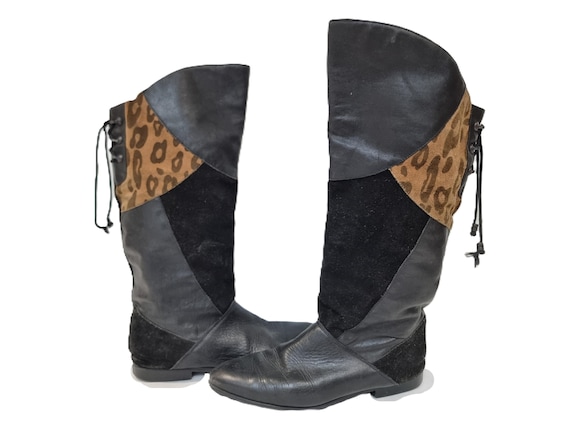 Vintage Leather Riding Boots, Leopard Print Knee High Boots, Black Suede Boots, Boho Hippie Festival Boots, Western Cowboy Boots, EU 40