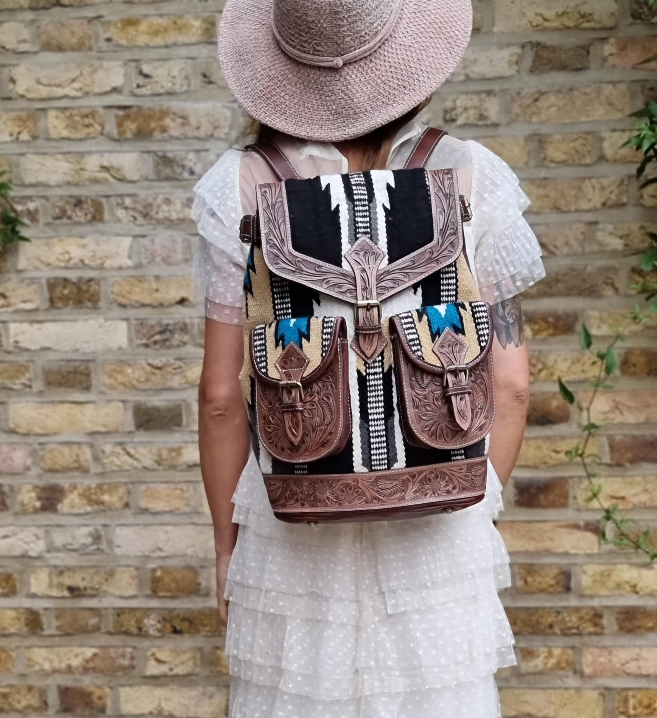 Aztec Leather Backpack - Navajo Blanket Western Bag - Tooled  display picture 3