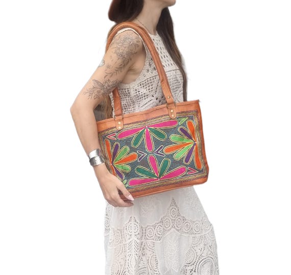 Boho Embroidered Multicolor & Brown Leather Shoulder Bag Weekender Bag in Natural Tan Leather and Hand Made Huipil  main image 4