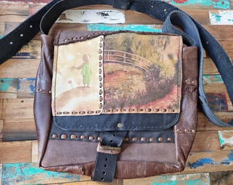 The little prince handbag - unique upcycled leather messenger bag - handmade vintage satchel with patchwork design