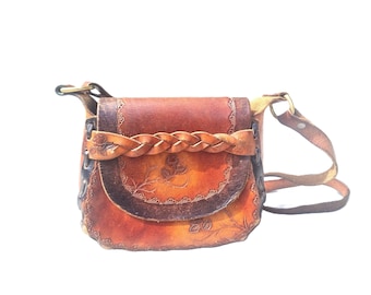 Hand-Tooled Leather Saddle Bag: Rose Embossed Vintage Boho Purse