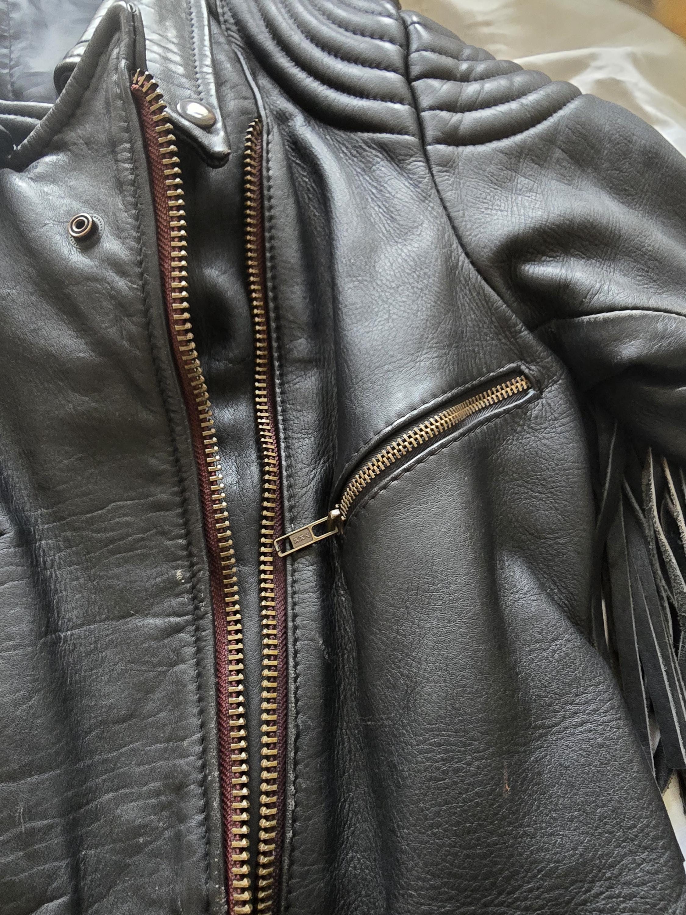 Vintage 80s Leather Biker Jacket With Fringe Size S 8, Padded