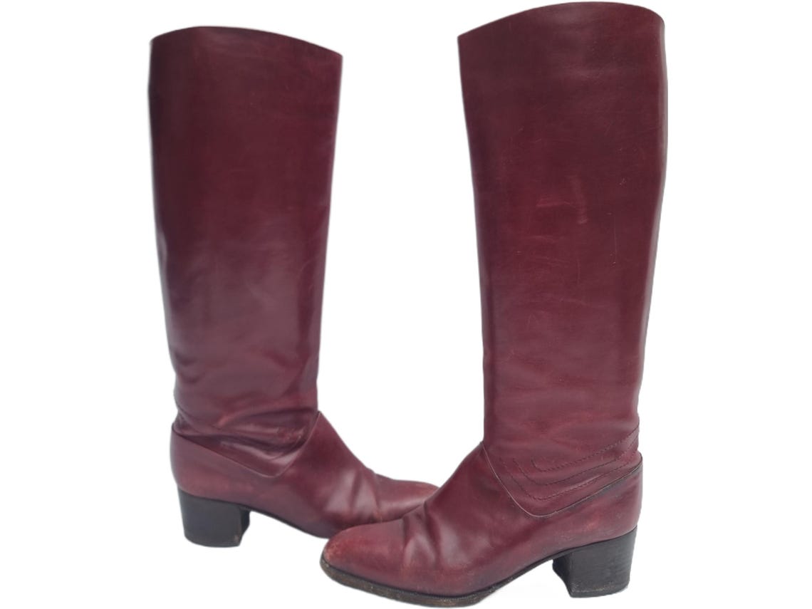 Luxury Italian Designer Leather Riding Boots Burgundy Red Boots Knee High Block Heel Boots Women EU 37.5, Foto 4 von 5