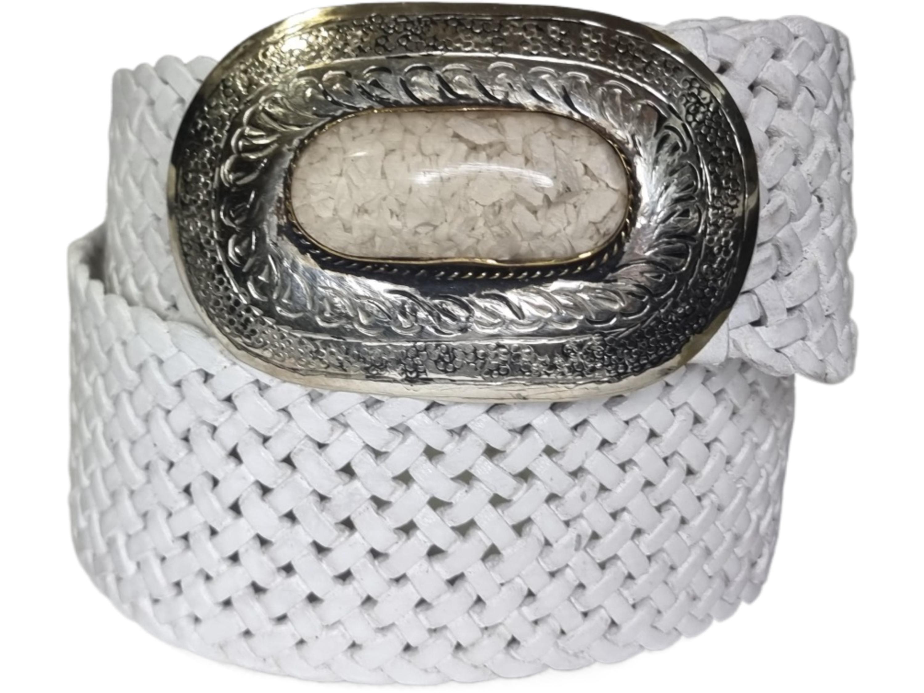 Woven White Leather Boho Belt: Silver Buckle, Moroccan  display picture 3