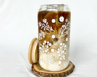 Floral Glass Cup with Bamboo Lid & Glass Straw