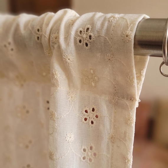 Embroidered Organic Cotton Curtains Custom size – Linen Look Farmhouse Drapes (42" Wide)