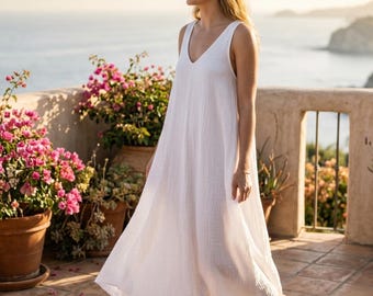 Vestido largo blanco 100% algodón muselina, vestido holgado sin mangas estilo swing, vestido bohemio de verano, vestido de novia, vestido de boda, talla personalizada