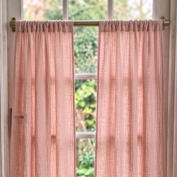 Pink Cotton Gauze Curtains, Crinkle Muslin Light Filtering Boho Drapes