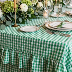 Handmade Green Gingham Check Cotton table cloths, Ruffle Edge Farmhouse Dining Linen