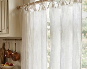 White Organic Cotton Gauze Muslin Curtains, Tie Top, Light Filtering, Boho Farmhouse Drapes