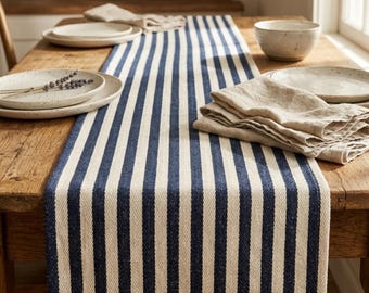 Camino de mesa a rayas azul oscuro de algodón tejido a mano, mantelería de estilo rústico bohemio.