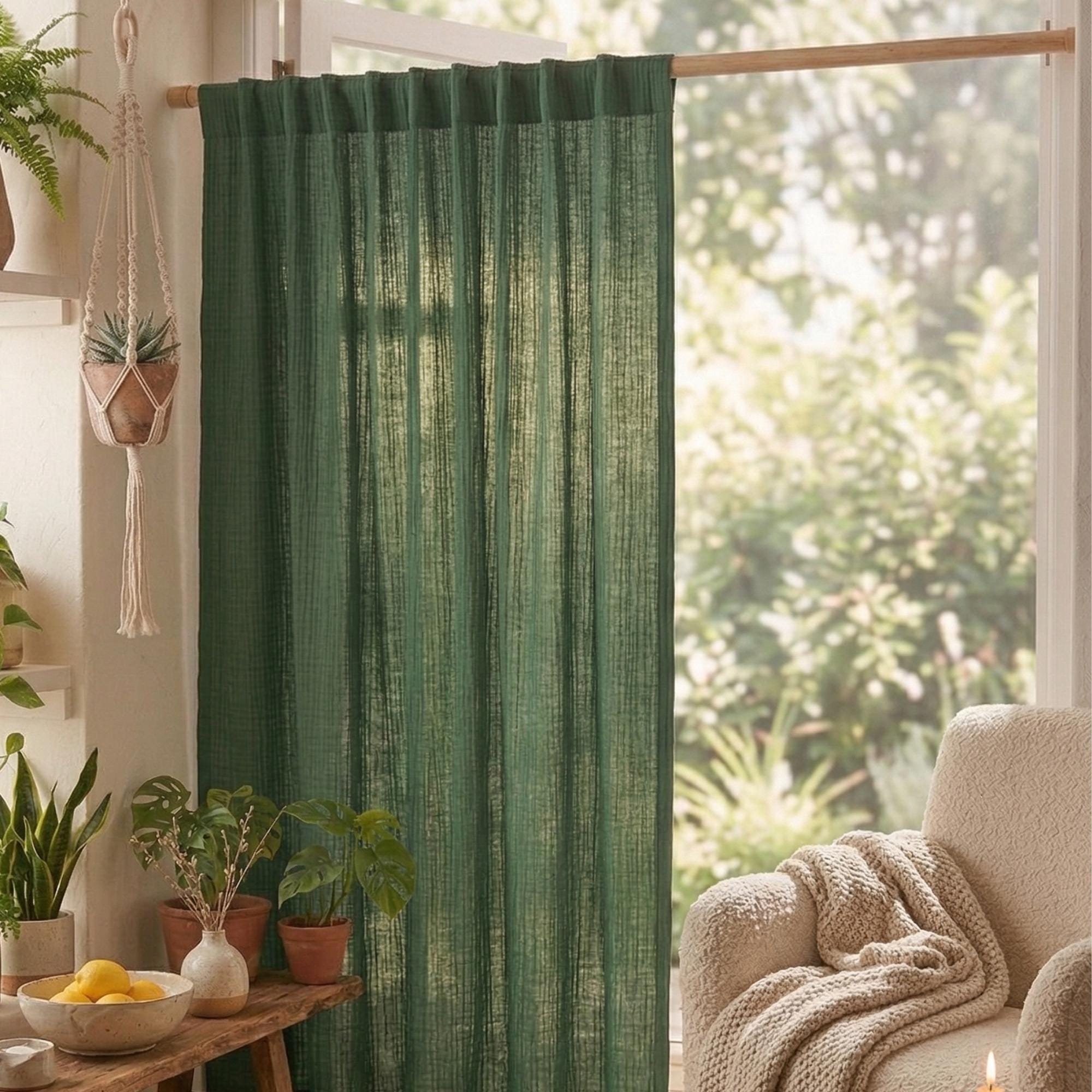 green window dressing Olive Organic Cotton Gauze Curtains, Crinkle Light Filtering Boho Drapes US slow movers