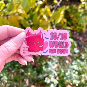 May include: A pink sticker with a cartoon devil cat holding a pitchfork. The sticker reads "10/10 WOULD SIN AGAIN" in purple and white. Small purple bats are also included in the design.