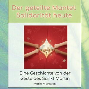 Könnte beinhalten: Buchcover mit deutschem Text. Der Titel lautet "Der geteilte Mantel: Solidarität heute" (Der geteilte Mantel: Solidarität heute). Das Bild zeigt Hände, die einen roten Vorhang zurückziehen, um eine Stadtszene freizulegen.