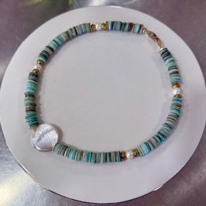 Heishi Bead Necklace with Mother of Pearl Pendant – Handmade Boho Turquoise Beach Jewelry