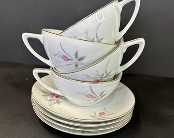 Taza y platillo "Golden Rose" de porcelana fina japonesa, borde dorado, juego de 4, vintage