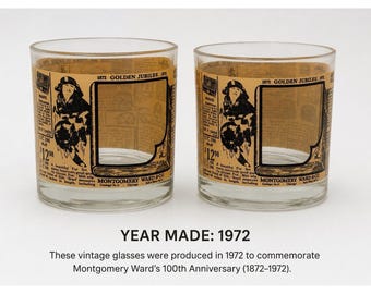 Vintage 1972 Montgomery Ward Golden Jubilee Whiskey Rocks Glasses Set of 2