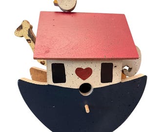 Noah's Ark Wooden Birdhouse Rustic Folk Art Primitive Decor Red Roof Cottgecore
