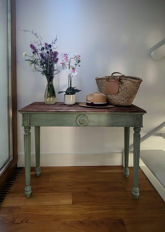 Philippe Sauge I, wood narrow table, console table, oak top, entryway, hallway table, Louis style, French style, vintage, shabby chic