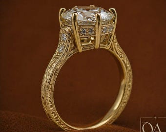 Anello di fidanzamento con moissanite rotonda, fede nuziale vintage in filigrana con alone nascosto da 2 carati, anello di nozze inciso in oro giallo, gioielli da sposa Art Déco.