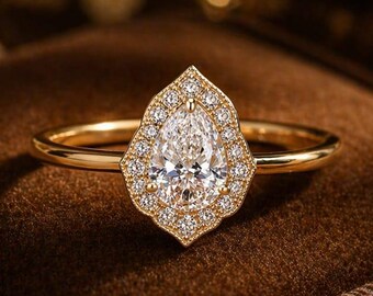 Pear Moissanite Engagement Ring, Double Halo Diamond Ring, Yellow Gold Marquise Halo Setting, Vintage Bridal Ring