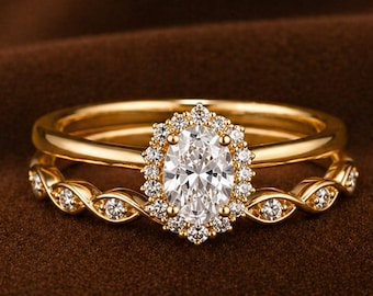 Anillo de compromiso de moissanita en forma de pera en oro amarillo, conjunto de anillos de boda con halo de diamantes, conjunto de anillos de novia para mujer, alianza vintage con forma de marquesa.