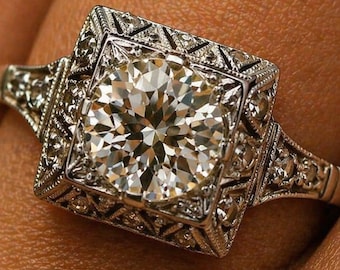 1910er Edwardian 2ct Runder Moissanit-Verlobungsring, quadratischer Halo 14K Weißgold, filigranes Milgrain-Band-Brautjubiläumsgeschenk für Frauen