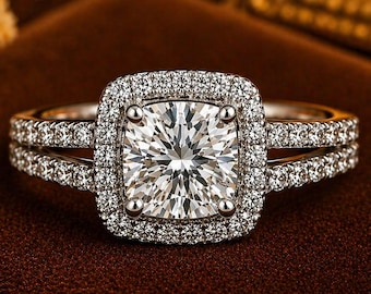 Anillo de compromiso de moissanita talla cojín, banda con halo y brazo dividido, anillo de boda de oro blanco con diamantes pavé, conjunto de joyería nupcial