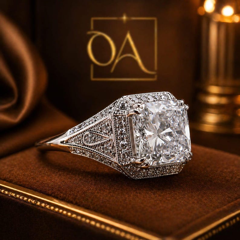 Puede incluir: Un deslumbrante anillo de compromiso con un gran diamante central de talla cuadrada. El anillo presenta un halo de diamantes m&aacute;s peque&ntilde;os y detalles intrincados en la banda. Sobre una superficie de terciopelo marr&oacute;n.