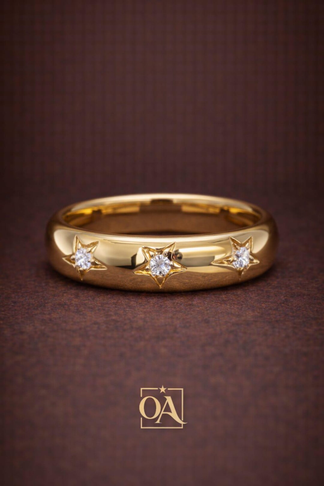 14K Yellow Gold Star Moissanite Ring, Round Cut Diamond Band ...