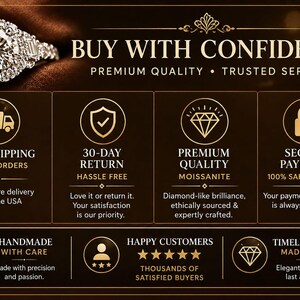 Puede incluir: Anuncio de joyer&iacute;a con un anillo de diamantes y el texto &laquo;COMPRE CON CONFIANZA&raquo;. El anuncio destaca el env&iacute;o gratuito, una pol&iacute;tica de devoluci&oacute;n de 30 d&iacute;as, moissanita de primera calidad y pago seguro.