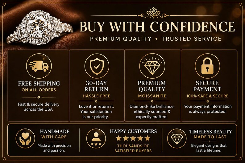 Puede incluir: Anuncio de joyer&iacute;a con un anillo de diamantes y el texto &laquo;COMPRE CON CONFIANZA&raquo;. El anuncio destaca el env&iacute;o gratuito, una pol&iacute;tica de devoluci&oacute;n de 30 d&iacute;as, moissanita de primera calidad y pago seguro.