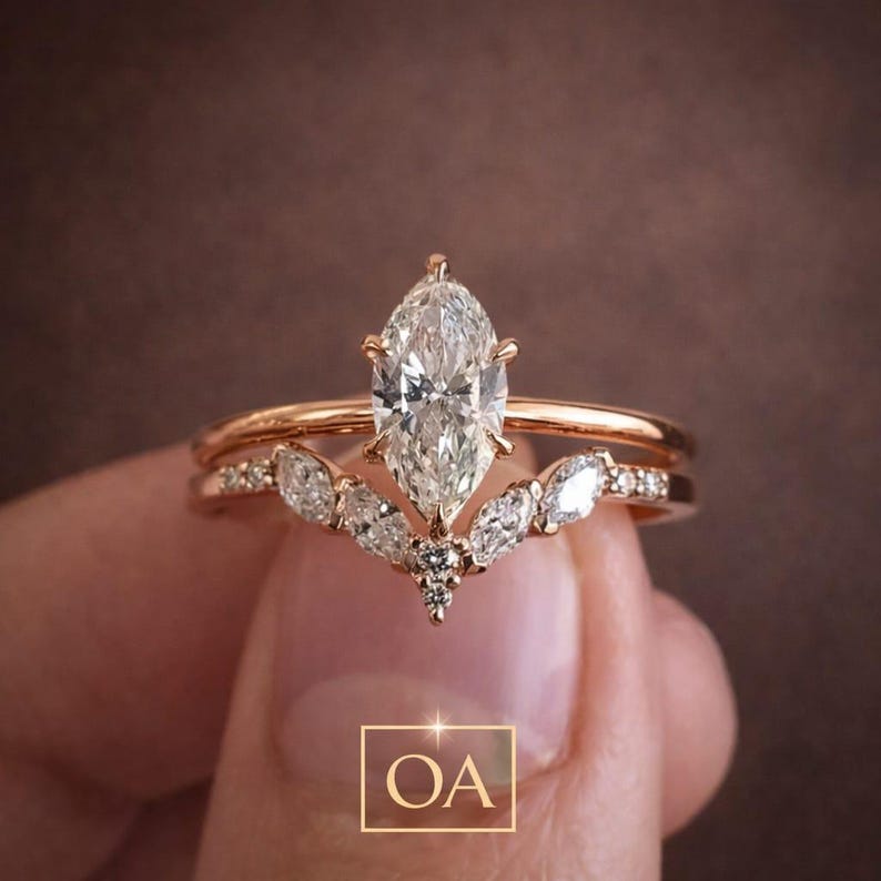 Marquise Moissanite Engagement Ring, Rose Gold Wedding Ring Set, Curved ...
