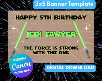 Green Star Wars Birthday Banner | Editable Jedi Party Banner | Printable Birthday Decoration | The Force is Strong
